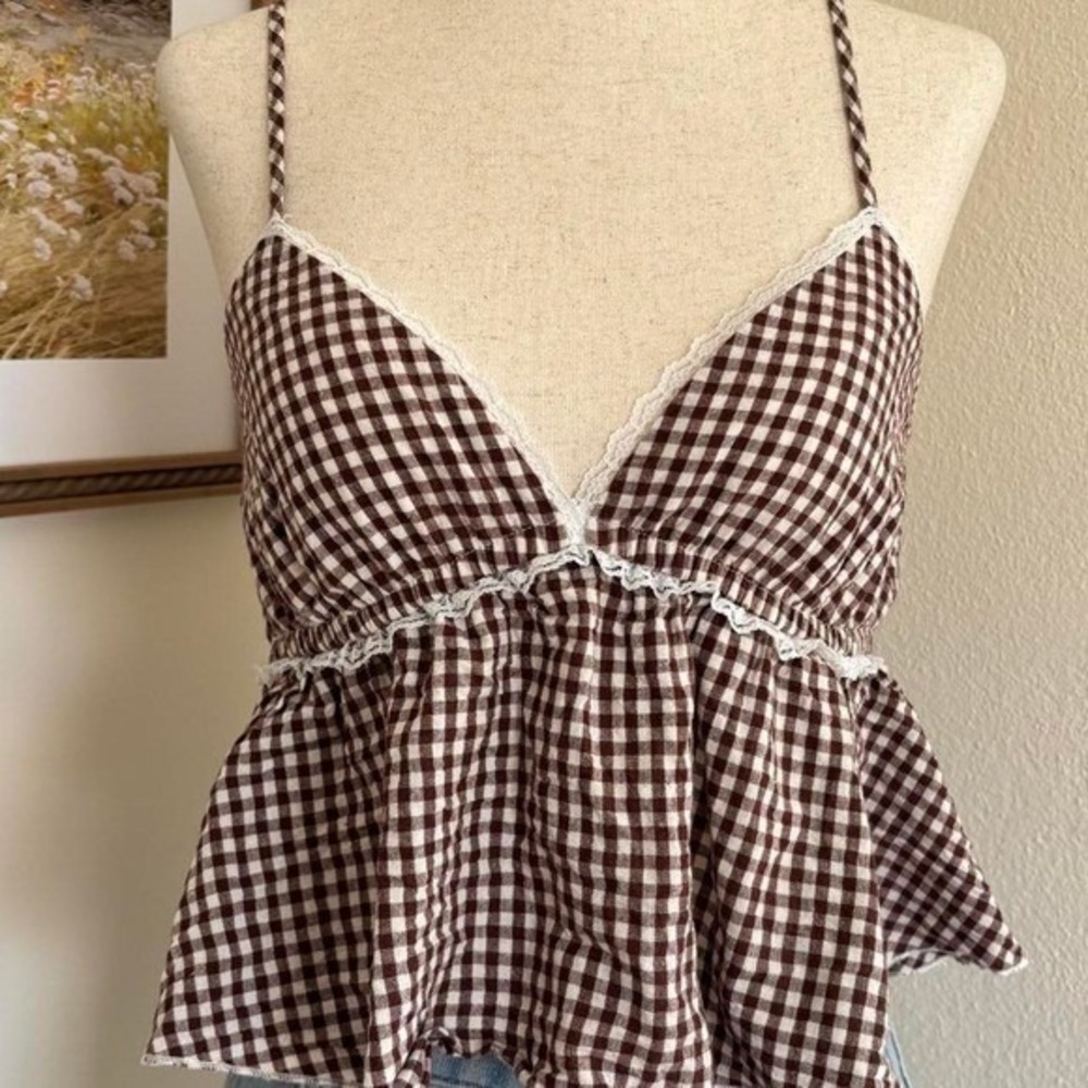 brown cottagecore gingham peplum crop top lace babydoll spaghetti straps XS/S
